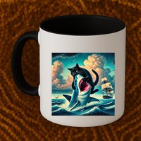 Cat Biting Shark Funny Art And Cat Lover Funny Mug
