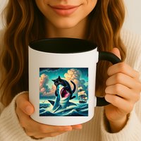 Cat Biting Shark Funny Art And Cat Lover Funny Mug