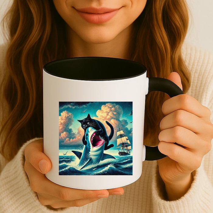 Cat Biting Shark Funny Art And Cat Lover Funny Mug