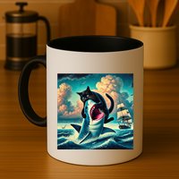 Cat Biting Shark Funny Art And Cat Lover Funny Mug