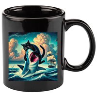 Cat Biting Shark Funny Art And Cat Lover Funny 11oz C Handle Ceramic Mug