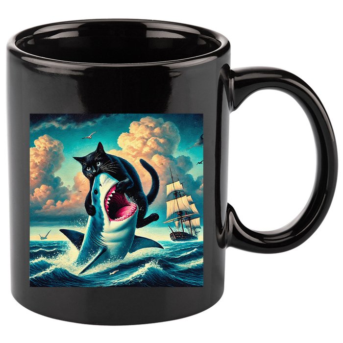 Cat Biting Shark Funny Art And Cat Lover Funny 11oz C Handle Ceramic Mug