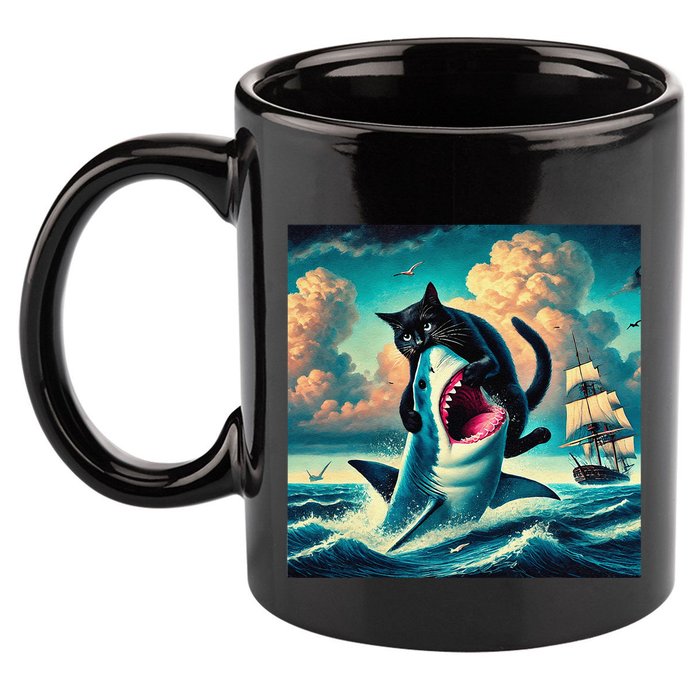 Cat Biting Shark Funny Art And Cat Lover Funny 11oz C Handle Ceramic Mug