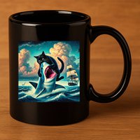 Cat Biting Shark Funny Art And Cat Lover Funny 11oz C Handle Ceramic Mug