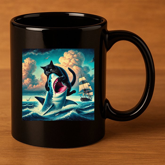 Cat Biting Shark Funny Art And Cat Lover Funny 11oz C Handle Ceramic Mug