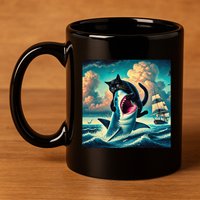 Cat Biting Shark Funny Art And Cat Lover Funny 11oz C Handle Ceramic Mug