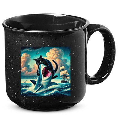 Cat Biting Shark Funny Art And Cat Lover Funny 15oz Campfire Ceramic Mug