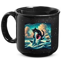 Cat Biting Shark Funny Art And Cat Lover Funny 15oz Campfire Ceramic Mug