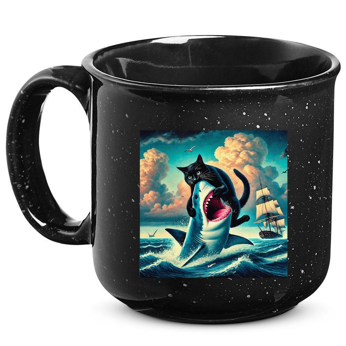 Cat Biting Shark Funny Art And Cat Lover Funny 15oz Campfire Ceramic Mug