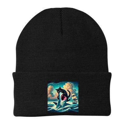 Cat Biting Shark Funny Art And Cat Lover Funny Beanie