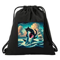 Cat Biting Shark Funny Art And Cat Lover Funny Drawstring Bag