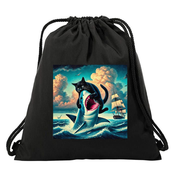 Cat Biting Shark Funny Art And Cat Lover Funny Drawstring Bag