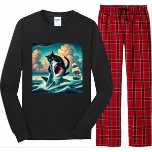 Cat Biting Shark Funny Art And Cat Lover Funny Long Sleeve Pajama Set