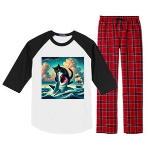 Cat Biting Shark Funny Art And Cat Lover Funny Raglan Sleeve Pajama Set