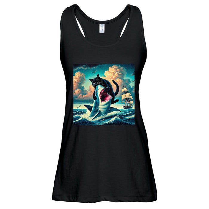 Cat Biting Shark Funny Art And Cat Lover Funny Ladies Essential Flowy Tank