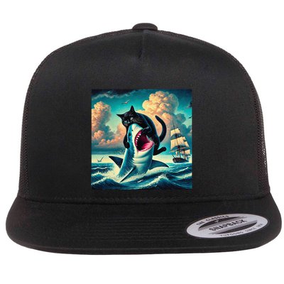 Cat Biting Shark Funny Art And Cat Lover Funny Flatbill Hat