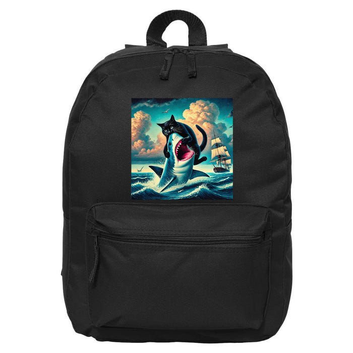 Cat Biting Shark Funny Art And Cat Lover Funny 16 in Basic Backpack