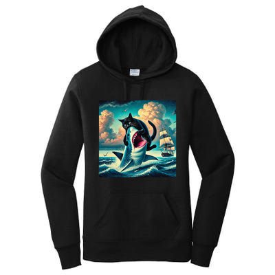 Cat Biting Shark Funny Art And Cat Lover Funny Women's Pullover Hoodie