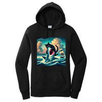 Cat Biting Shark Funny Art And Cat Lover Funny Women's Pullover Hoodie