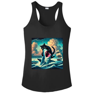 Cat Biting Shark Funny Art And Cat Lover Funny Ladies PosiCharge Competitor Racerback Tank