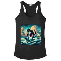 Cat Biting Shark Funny Art And Cat Lover Funny Ladies PosiCharge Competitor Racerback Tank