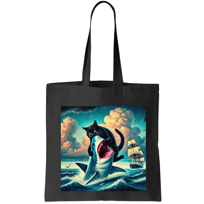 Cat Biting Shark Funny Art And Cat Lover Funny Bag
