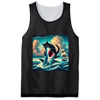 Cat Biting Shark Funny Art And Cat Lover Funny Mesh Reversible Basketball Jersey Tank