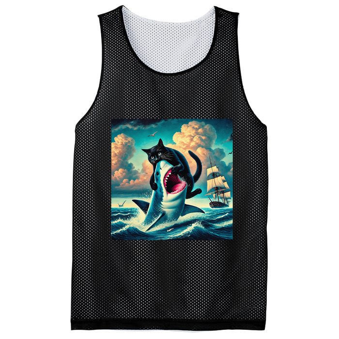 Cat Biting Shark Funny Art And Cat Lover Funny Mesh Reversible Basketball Jersey Tank