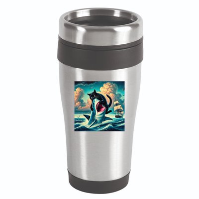 Cat Biting Shark Funny Art And Cat Lover Funny 16oz Travel Tumbler