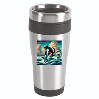 Cat Biting Shark Funny Art And Cat Lover Funny 16oz Travel Tumbler