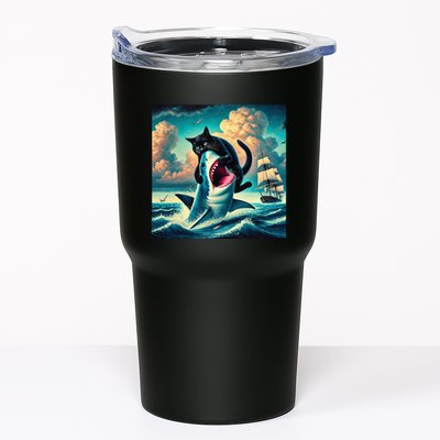Cat Biting Shark Funny Art And Cat Lover Funny Tumbler
