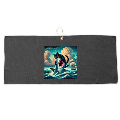 Cat Biting Shark Funny Art And Cat Lover Funny Large Microfiber Waffle Golf Towel