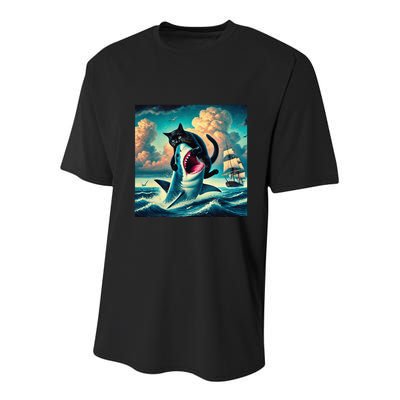 Cat Biting Shark Funny Art And Cat Lover Funny Youth Performance Sprint T-Shirt