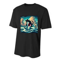 Cat Biting Shark Funny Art And Cat Lover Funny Youth Performance Sprint T-Shirt