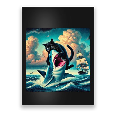 Cat Biting Shark Funny Art And Cat Lover Funny Poster