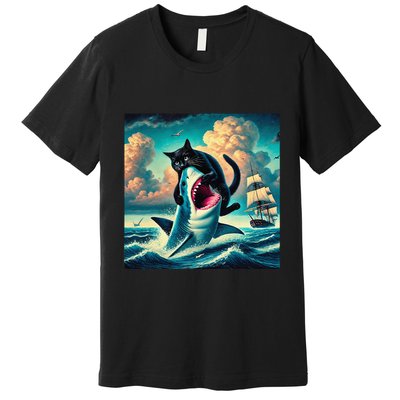 Cat Biting Shark Funny Art And Cat Lover Funny Premium T-Shirt