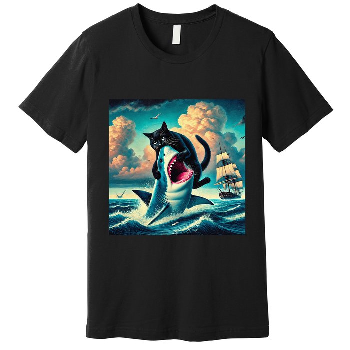 Cat Biting Shark Funny Art And Cat Lover Funny Premium T-Shirt