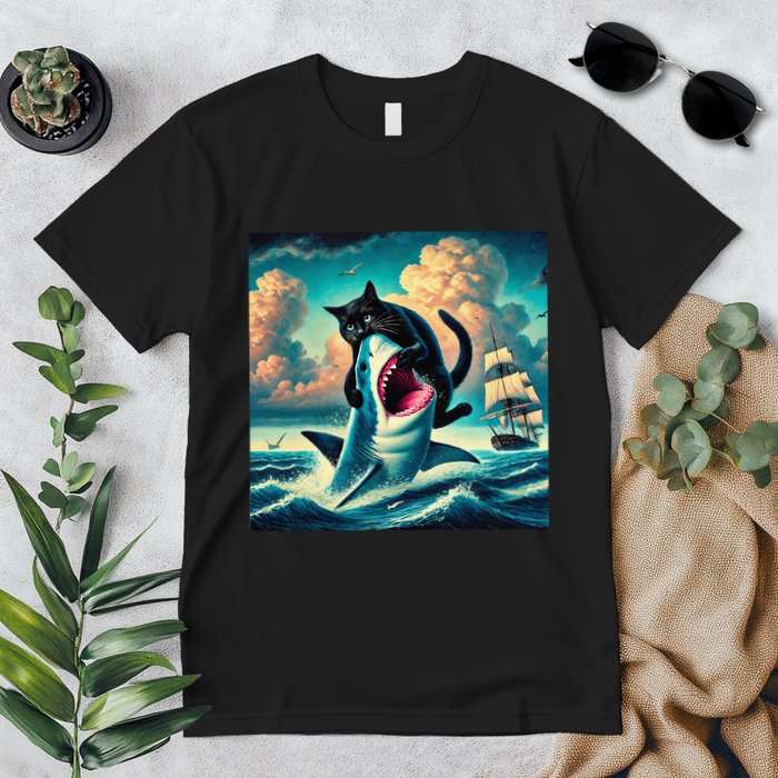 Cat Biting Shark Funny Art And Cat Lover Funny Premium T-Shirt