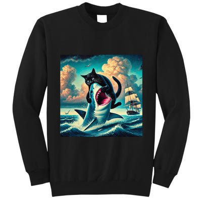 Cat Biting Shark Funny Art And Cat Lover Funny Tall Sweatshirt