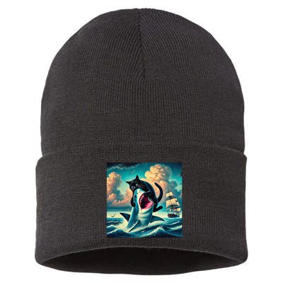 Cat Biting Shark Funny Art And Cat Lover Funny Sustainable Knit Beanie