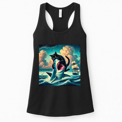 Cat Biting Shark Funny Art And Cat Lover Funny Womens Tank Top