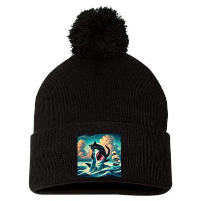 Cat Biting Shark Funny Art And Cat Lover Funny Pom Pom 12in Knit Beanie
