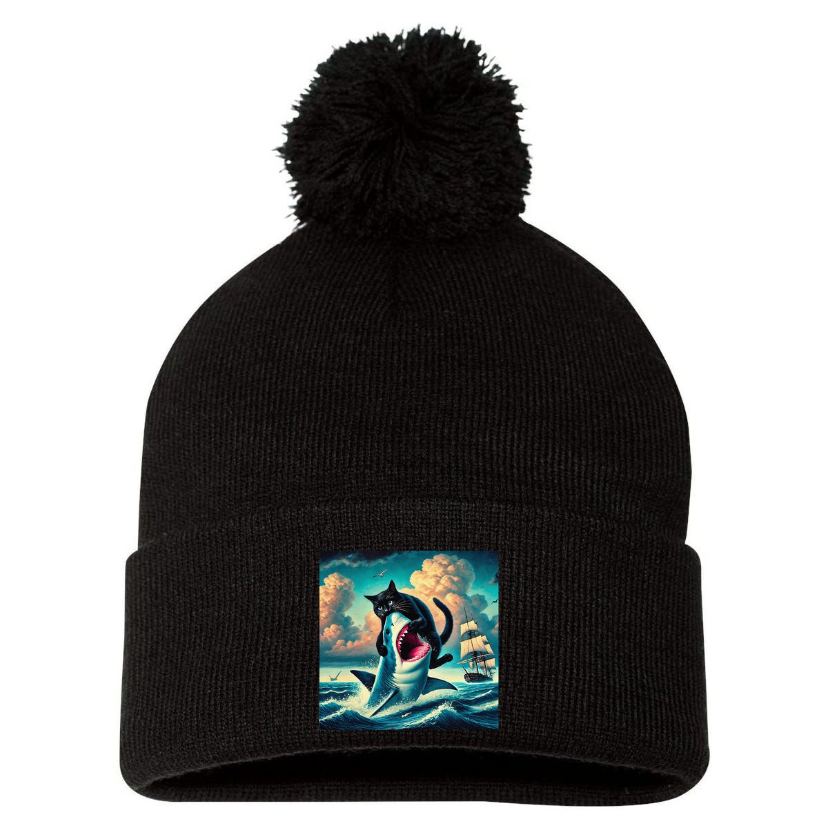 Cat Biting Shark Funny Art And Cat Lover Funny Pom Pom 12in Knit Beanie