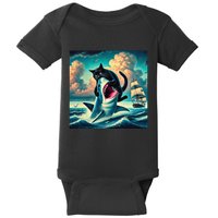 Cat Biting Shark Funny Art And Cat Lover Funny Baby Bodysuit