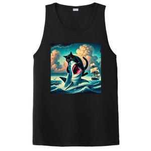 Cat Biting Shark Funny Art And Cat Lover Funny PosiCharge Competitor Tank