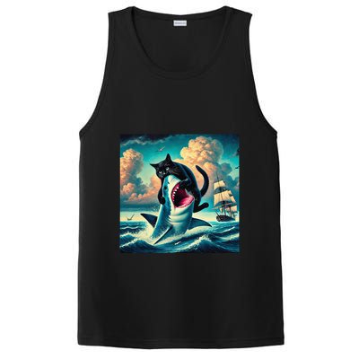 Cat Biting Shark Funny Art And Cat Lover Funny PosiCharge Competitor Tank