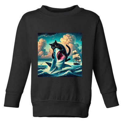 Cat Biting Shark Funny Art And Cat Lover Funny Toddler Sweatshirt