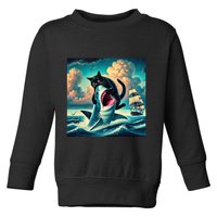 Cat Biting Shark Funny Art And Cat Lover Funny Toddler Sweatshirt