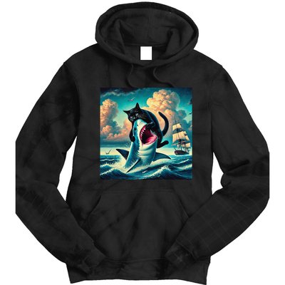Cat Biting Shark Funny Art And Cat Lover Funny Tie Dye Hoodie