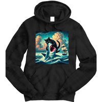 Cat Biting Shark Funny Art And Cat Lover Funny Tie Dye Hoodie